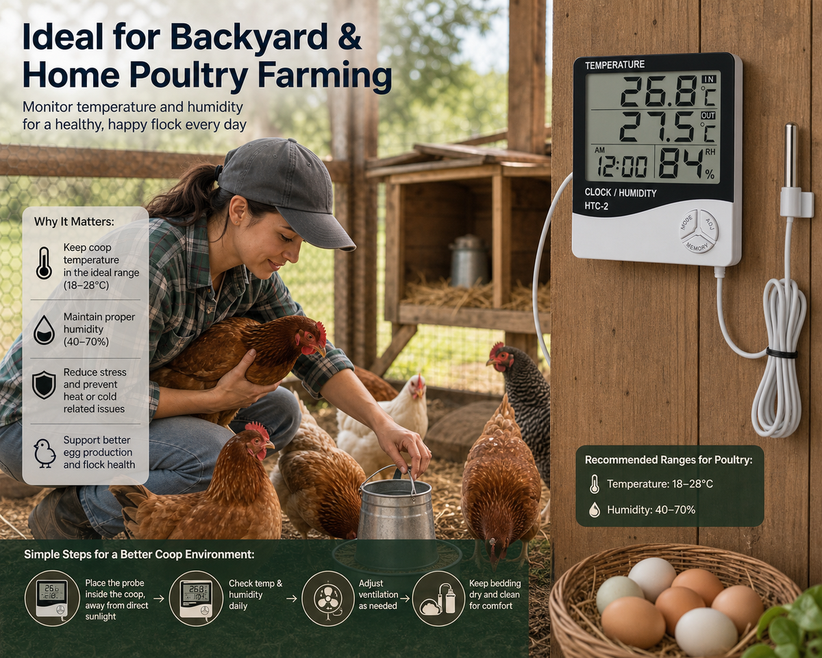 HTC-2 Digital Thermometer & Hygrometer | Temperature & Humidity Meter with Probe | Poultry Farm Room Monitor