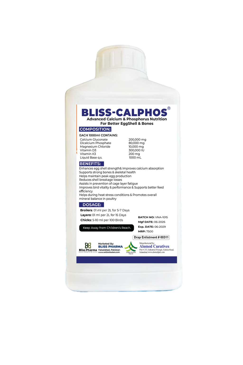 BLISS-CALPHOS | Advanced Calcium, Phosphorus & Vitamin D3 Supplement for Poultry (1000 mL)